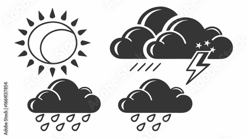 Collection of weather icons including a sun with rays a thundercloud with lightning and rain and two rain clouds with water droplets on a white background