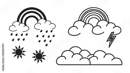 Collection of weather icons including a rainbow with rain clouds suns and a lightning bolt with clouds on a white background