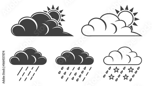 Collection of stylized weather icons featuring clouds with sun and rain presented in both solid black and outline styles for diverse design applications