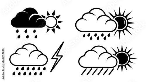 Collection of weather icons depicting rain sun clouds and lightning representing various meteorological conditions and forecasts for different seasons