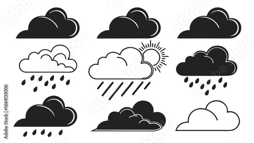 Collection of stylized cloud icons representing various weather conditions including rain sunshine and overcast skies in a simple graphic design style