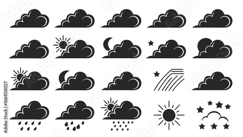 Collection of stylized black cloud icons representing various weather conditions including sunshine nighttime rain and starry skies on a white background