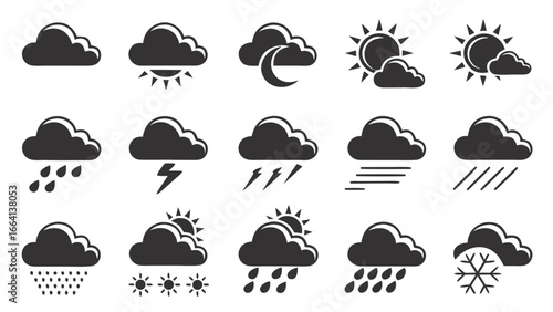 Collection of stylized black weather icons representing various atmospheric conditions including sun clouds rain lightning snow and night sky elements