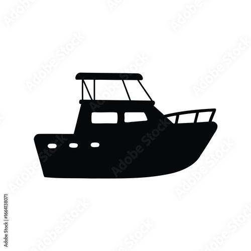 Simple black silhouette of a fishing boat on a white background