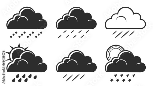 Collection of stylized weather icons depicting various precipitation types including rain hail and sun with clouds and rain presented in a clean graphic design