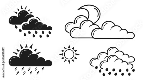 Collection of weather icons featuring sun behind clouds with rain moon with clouds sun with rain and a simple sun symbol against a white background