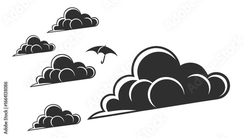 Stylized dark clouds with a small open umbrella floating in the sky representing protection from rain or bad weather conditions
