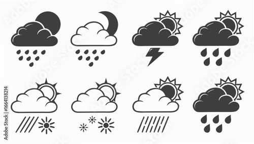Collection of weather icons depicting various meteorological conditions including sun clouds rain snow lightning day and night cycles for forecasting and climate representation