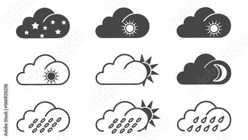 Collection of nine distinct weather icons representing various atmospheric conditions including sunny days cloudy skies starry nights and rain showers with sun and moon elements