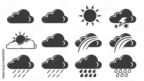 Collection of twelve weather icons featuring clouds sun rain lightning and wind presented in a clean modern and graphic style