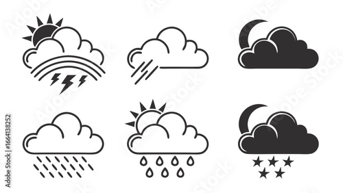 Collection of stylized weather icons depicting various meteorological phenomena including sunshine rain thunderstorms cloudy skies and a starry night with clouds