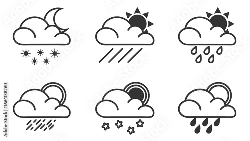 A collection of six simple weather icons depicting various atmospheric conditions including snow rain and sunshine with clouds and a crescent moon at night