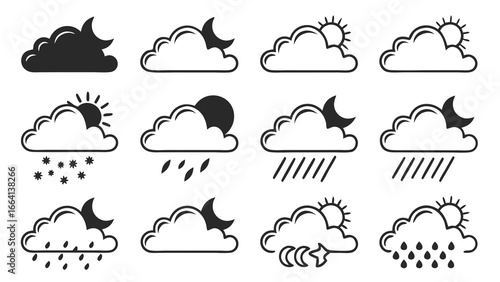 Collection of weather icons representing various atmospheric conditions including sunny cloudy rainy snowy and partly cloudy day and night scenarios