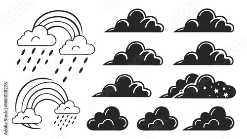 Collection of cute hand drawn cloud and rainbow icons with rain and stars representing weather dreams and imagination perfect for children s designs and illustrations