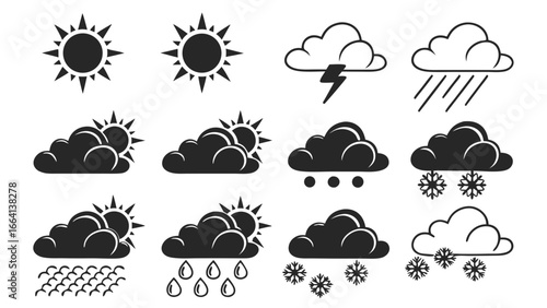 Collection of weather icons representing sunshine cloudy conditions rain thunderstorms sleet and snowfall presented in a clean modern graphic style on a white background