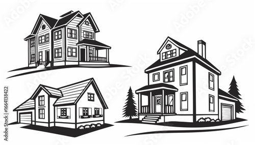 Collection of black and white stylized illustrations of diverse residential houses featuring different architectural styles and features including porches garages and trees on a white background