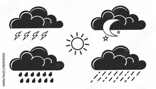 Collection of stylized weather icons depicting a sunny day stormy weather with lightning nighttime with a crescent moon and stars and rainy conditions with water droplets