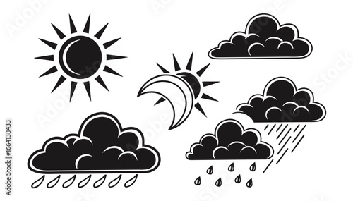 A collection of stylized black and white weather icons including a bright sun a crescent moon with sun rays and several rain clouds with falling raindrops and streaks