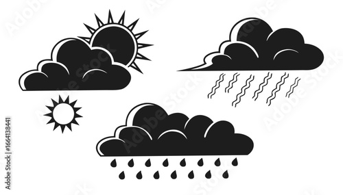 Collection of stylized black and white weather icons depicting sunshine partly cloudy skies with sun and two types of rain clouds with precipitation