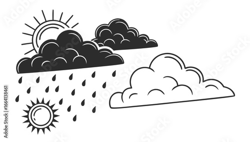 Stylized graphic illustration of a sun shining through rain clouds with falling raindrops and a separate fluffy cloud against a white background