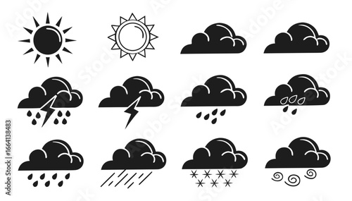 Collection of weather icons representing sunshine clouds rain thunderstorms snow and wind in a simple black and white graphic style