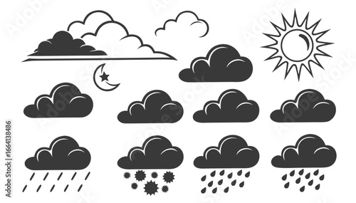 Collection of stylized weather icons featuring a bright sun various cloud shapes a crescent moon with a star and precipitation symbols like rain and hail