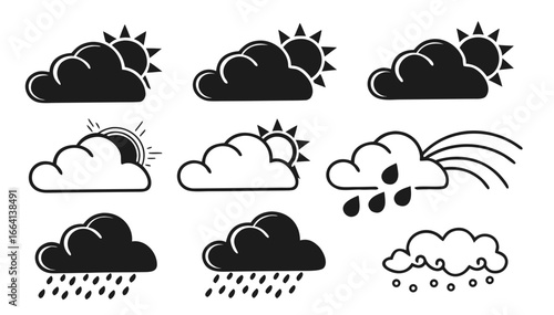 Collection of weather icons showing different atmospheric conditions with sun clouds rain and rainbows in a clean graphic style