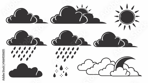 Collection of stylized black and white weather icons featuring clouds rain sun and moon for weather forecasts and climate symbols