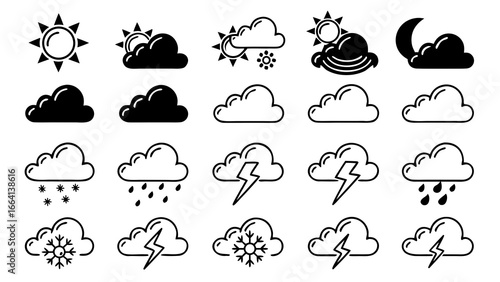 Collection of weather icons including sun clouds rain snow lightning and moon presented in a clean modern and graphic style with both filled and outline versions