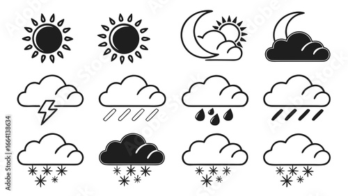 Collection of simple weather icons representing sunny day cloudy day partly cloudy night with moon and sun stormy weather with lightning rain and snow