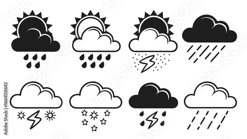 Collection of eight weather icons depicting various meteorological conditions including sun and clouds with rain lightning and hail presented in a clean modern graphic style