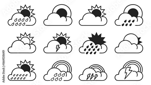 A collection of twelve weather icons featuring clouds with sun rain lightning and rainbows presented in a clean modern and simple line art style