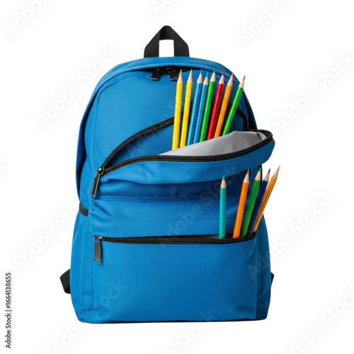 Blue backpack filled with colorful pencils isolated on transparent background