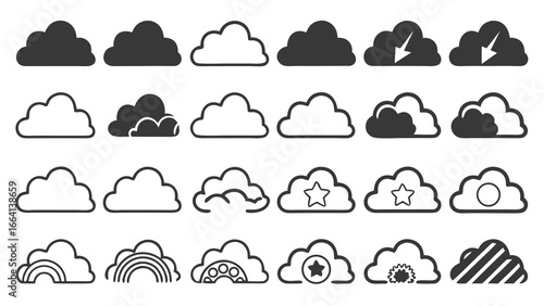 A collection of diverse cloud icons and symbols representing various weather conditions and celestial elements in a clean graphic design style