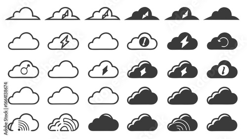 Collection of diverse cloud icons representing various weather conditions digital services and abstract concepts in a clean modern graphic design style