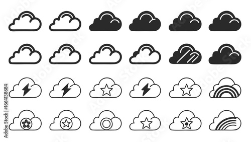 Collection of diverse cloud icons featuring weather symbols like lightning stars rainbows and geometric patterns presented in both solid black and outline styles against a clean white background