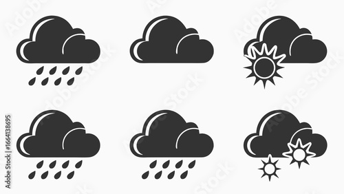 Collection of stylized weather icons depicting rain cloudy conditions and sunshine peeking through clouds presented in a clean graphic design style
