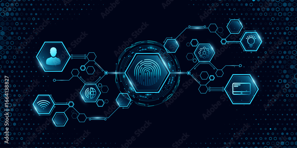 Fototapeta premium Digital glowing hexagonal circuit board diagram with fingerprint scan, HUD circle and modern high tech icons for UI and GUI design. Modern technology background. Vector illustration.