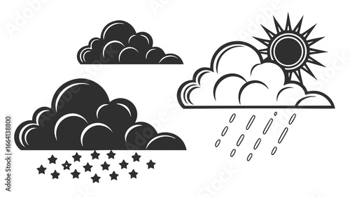 Stylized black and white vector illustration of three distinct clouds one with stars falling another with rain and a sun and a third plain cloud representing weather elements