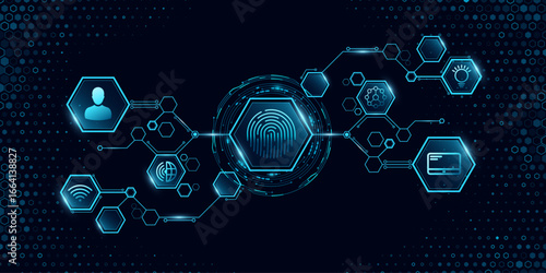 Digital glowing hexagonal circuit board diagram with fingerprint scan, HUD circle and modern high tech icons for UI and GUI design. Modern technology background. Vector illustration.
