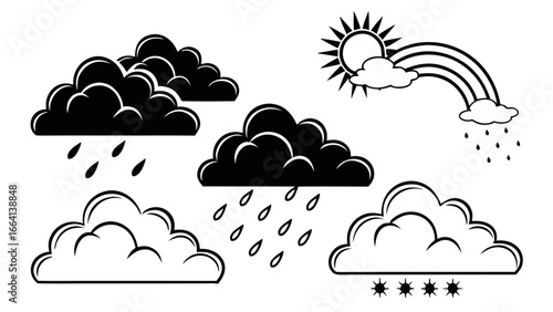 Collection of stylized weather icons featuring rain clouds a rainbow with sun and a cloud with stars against a white background