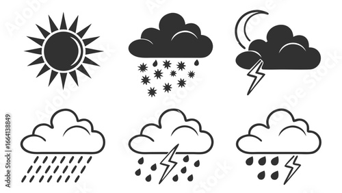 Collection of simple weather icons including sun clouds with rain and snow moon with lightning and storms with rain and lightning