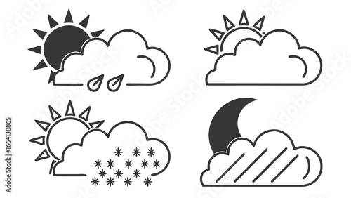 Collection of weather icons featuring sun behind clouds with rain partly cloudy day snowy day with sun and moon behind clouds with rain or wind