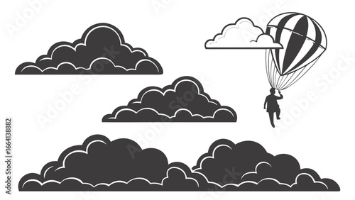 Silhouette of a person with a parachute descending through stylized clouds representing adventure and freedom in the sky