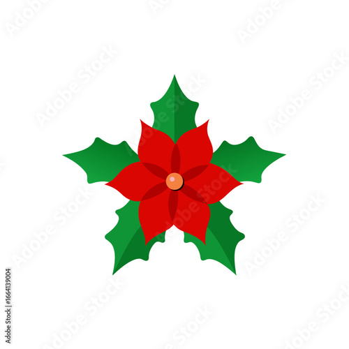 Festive christmas poinsettia with holly and ribbon vector illustration