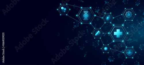 Futuristic connected molecular hexagons with healthcare icons for Medical technology background. Digital health design for AI in medicine or scientific research presentation. Vector illustration.