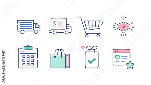 A collection of eight hand drawn icons representing various aspects of online shopping and commerce including delivery trucks shopping carts discounts gifts and digital interfaces
