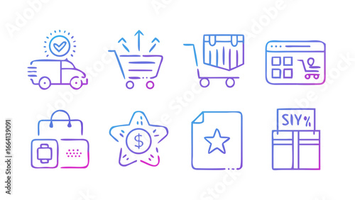 A collection of eight colorful gradient outline icons representing various e commerce and shopping concepts including delivery shopping carts and rewards on a black background
