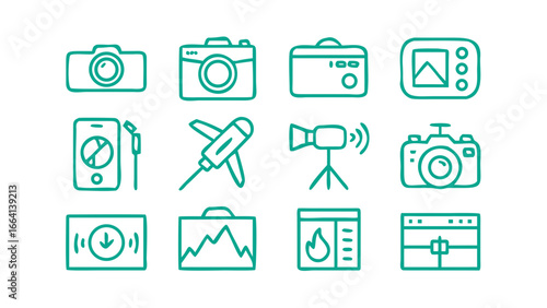 A collection of twelve teal line art icons representing various photography and videography equipment and concepts set against a clean black background