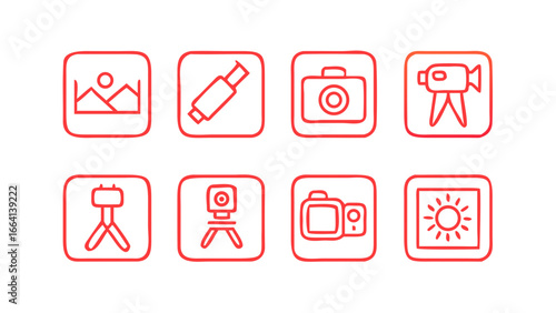 Collection of red line art icons on a black background featuring photography and videography equipment including cameras tripods and a landscape image